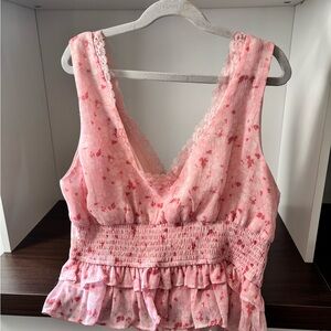 Pink Floral Ruffled V-Neck Tank Top